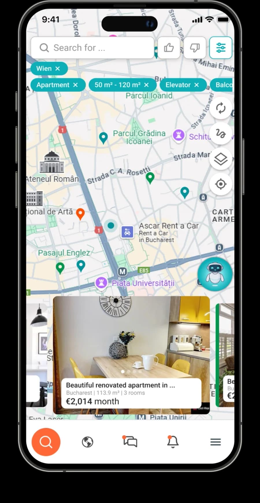 PropTrek mobile app: map search with filter tags for Wien, apartment, 50–120 m², elevator and balcony, matching pins and a listing card.