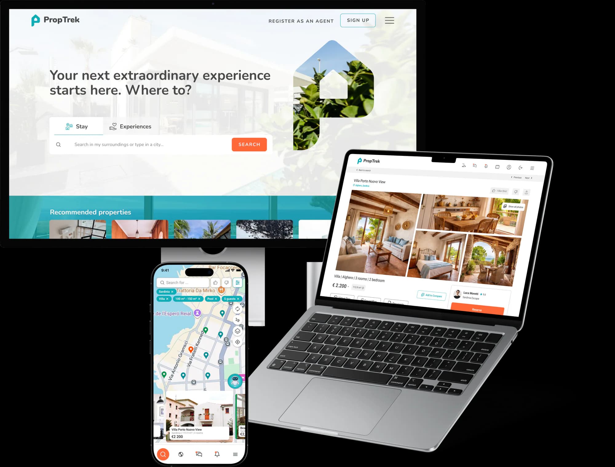 PropTrek on a desktop display, a laptop and a phone: landing page, property ad and map search.